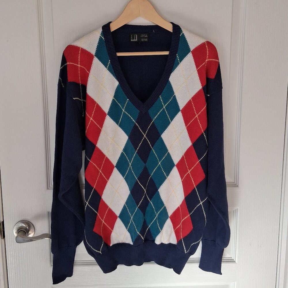 Dunhill 100% Cotton Knit Argyle V-Neck Sweater Men's Large Scotland Preppy Class
